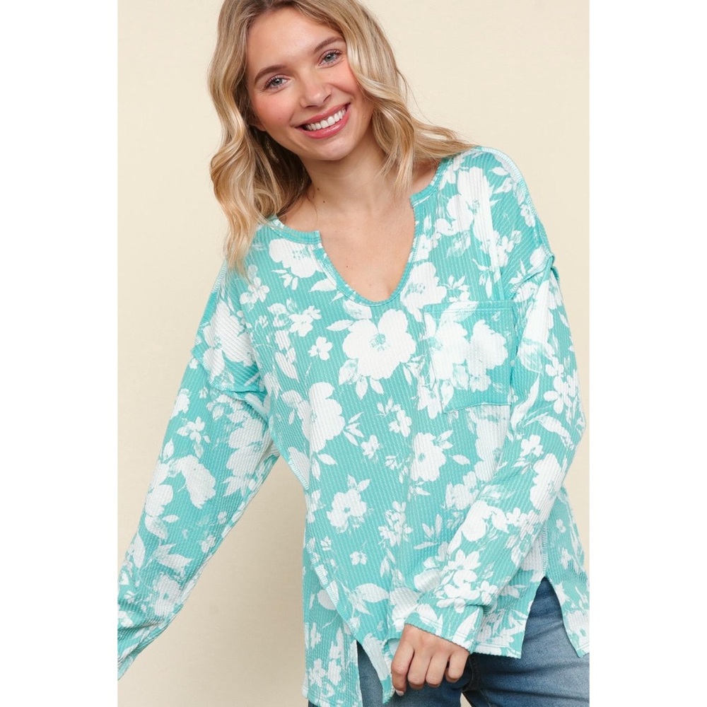 NEW! Mint Notch Neck Soft Floral Print Knit Top with Slits!
